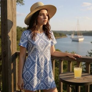 Lulus ✦ Blue & White Ikat Print Shift Dress ✦ Sleeveless Boho Mini w/ Back Zip